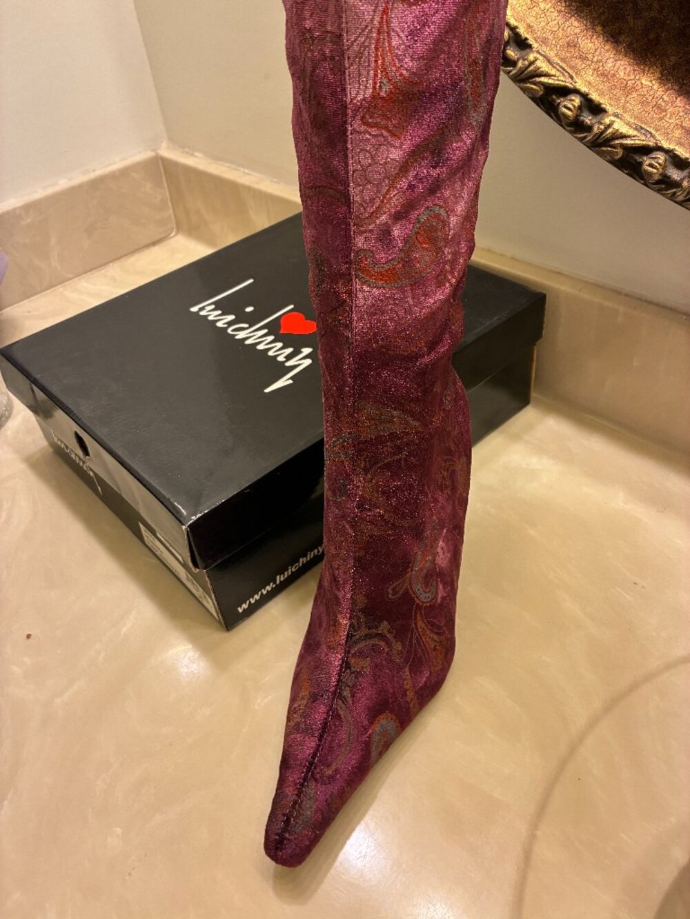 EUC ! LUICHINY Purple Paisley Velvet Knee High Side Zip Boots Sz 9B